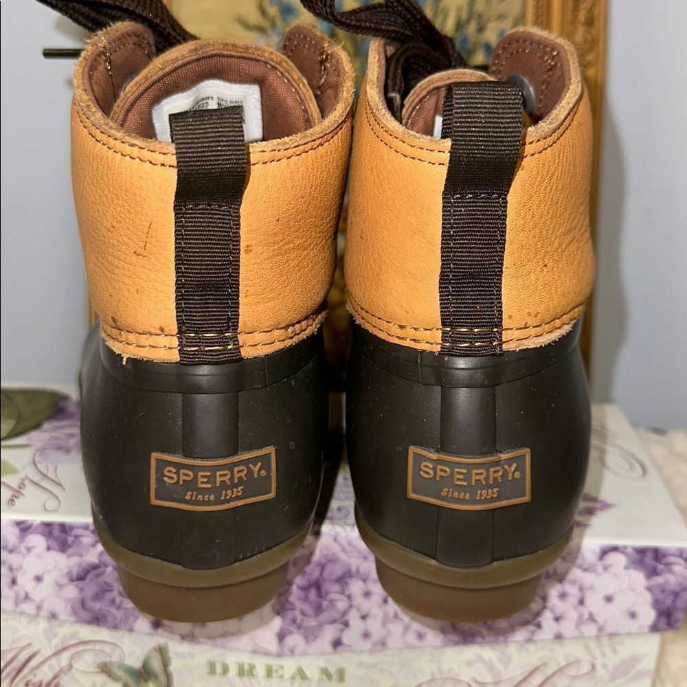 SPERRY 8 Saltwater 2-eye Tan Leather Brown Lace up Ankle Duck Boots - Picture 9 of 15